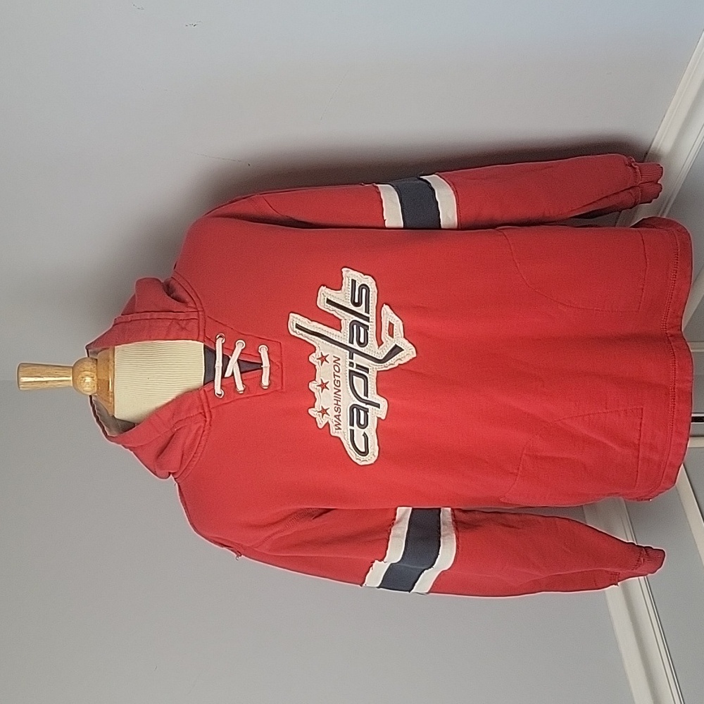 WASHINGTON CAPITALS NHL Boy's CCM Red Faux Lace Up Hoodie Pull Over Sweatshirt L